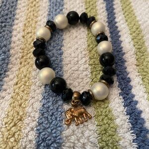 Black and White Beaded Bracelet with Elephant Charm